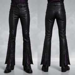 Front and back full-length comparison view of handcrafted black and purple leather dark mage cosplay trousers.