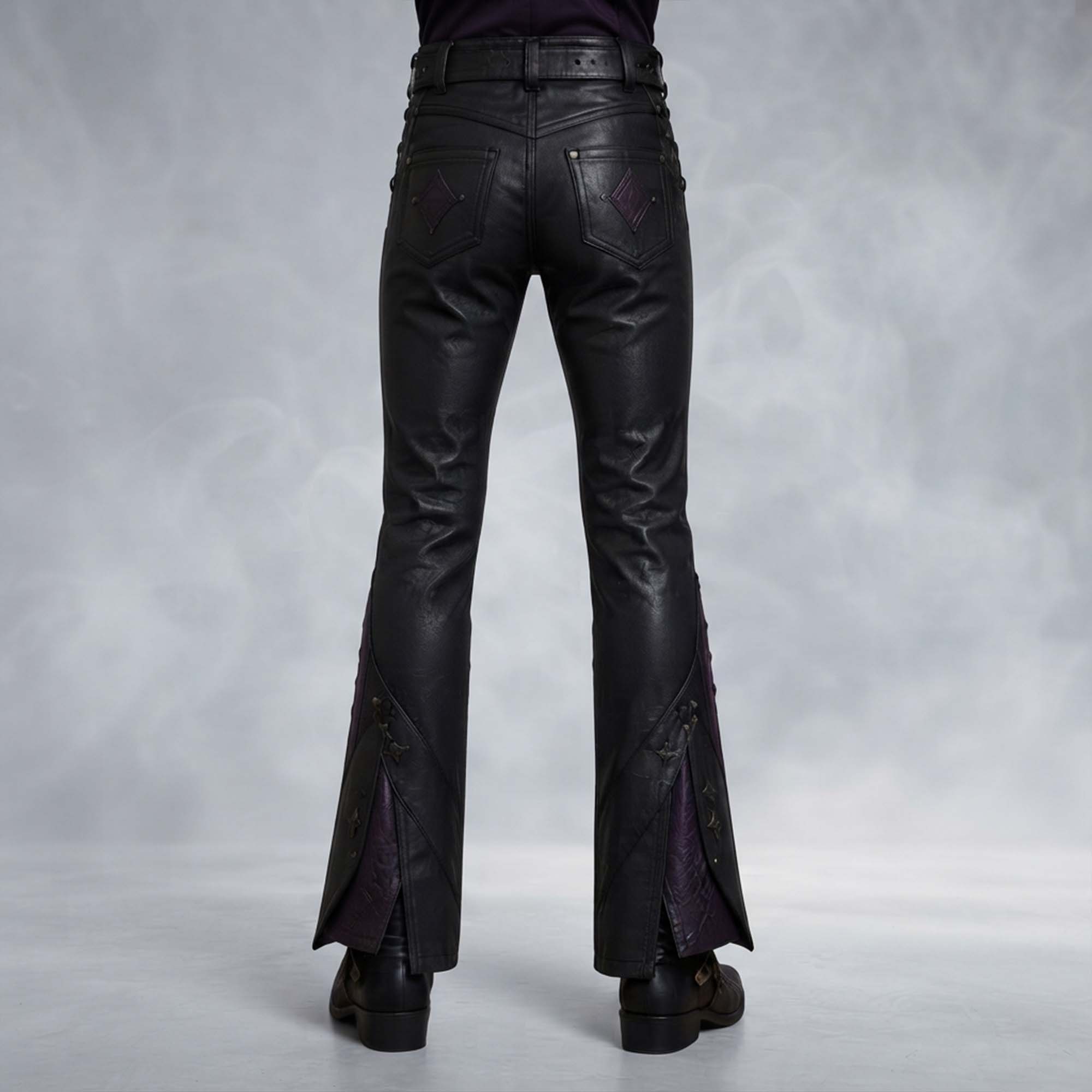 Rear view showing back pockets with purple diamond accents and flared lower leg cuts on women's gothic leather sorceress pants.