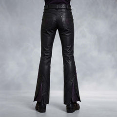 Rear view showing back pockets with purple diamond accents and flared lower leg cuts on women's gothic leather sorceress pants.