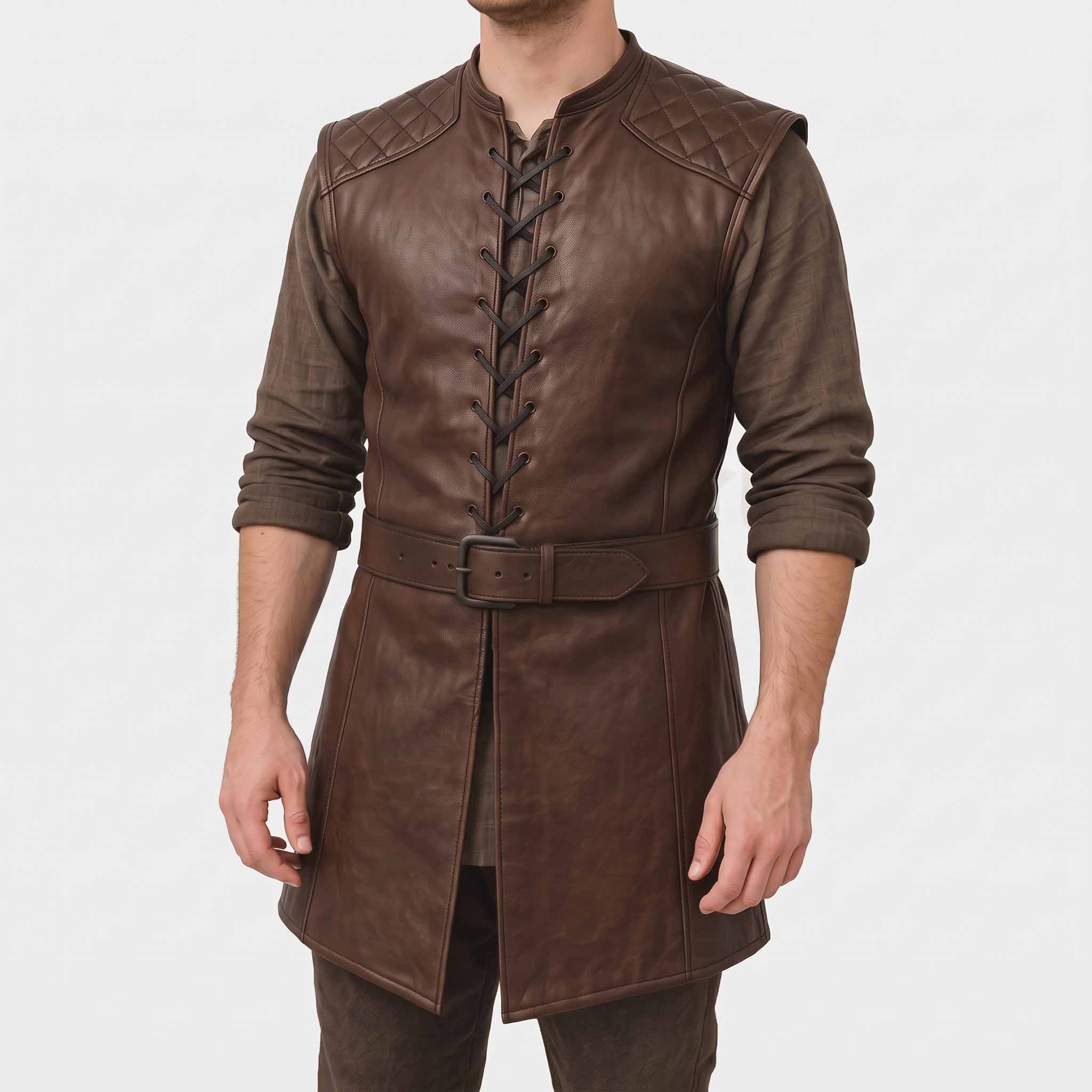 Front three quarter torso view of man wearing handmade brown leather medieval long jerkin with quilted shoulder pads, cord lacing, and buckle waist belt