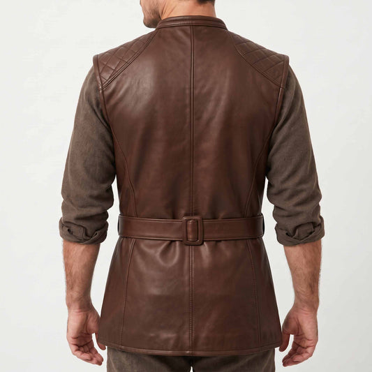Back torso view of man modeling brown genuine leather renaissance waistcoat showing diamond quilted shoulder yokes, center seam, and belted waistline