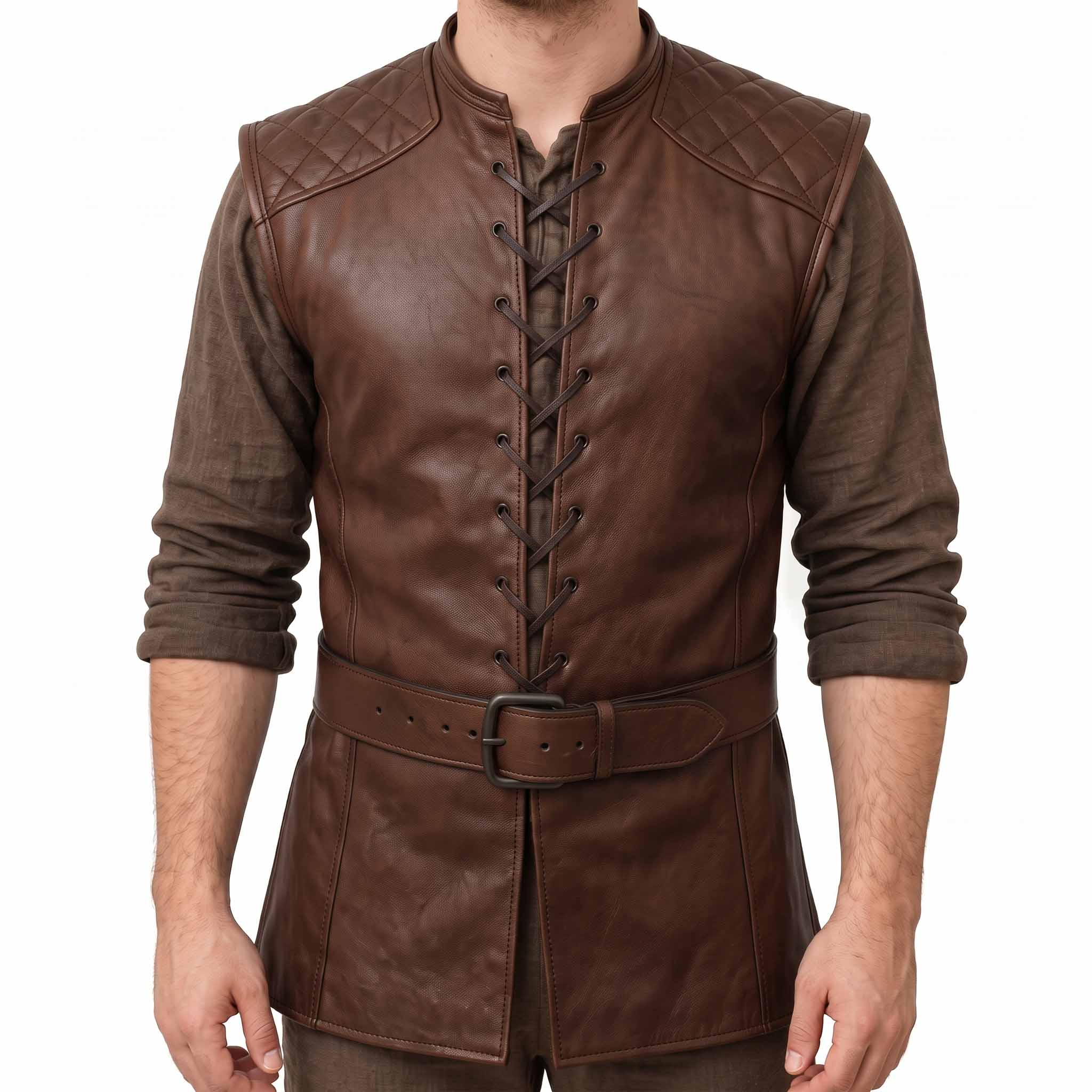 Close up front view of mens brown leather fantasy vest detailing eyelet cord lacing, raised mandarin collar, and matching leather roller buckle belt