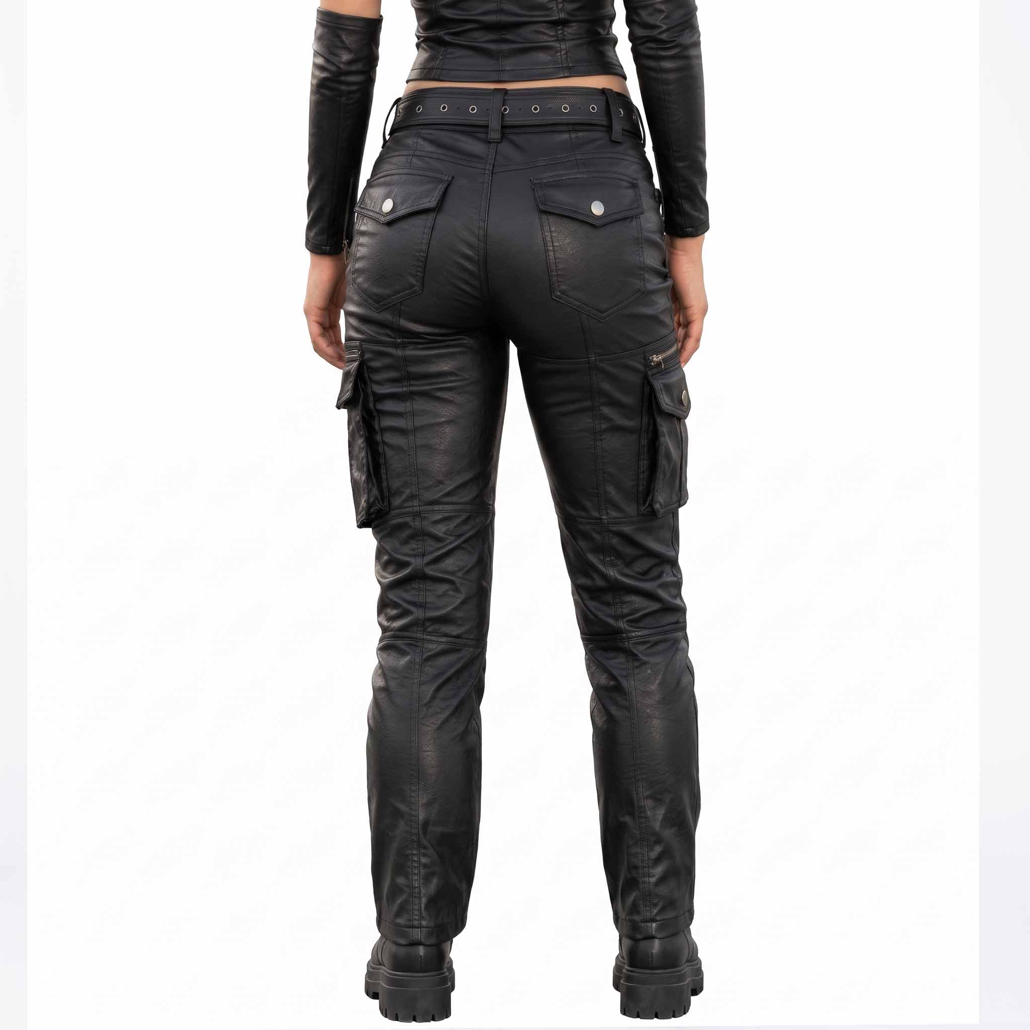 Back view highlighting the rear snap flap pockets, straight leg cut, and belt detail of women's black leather riding pants.