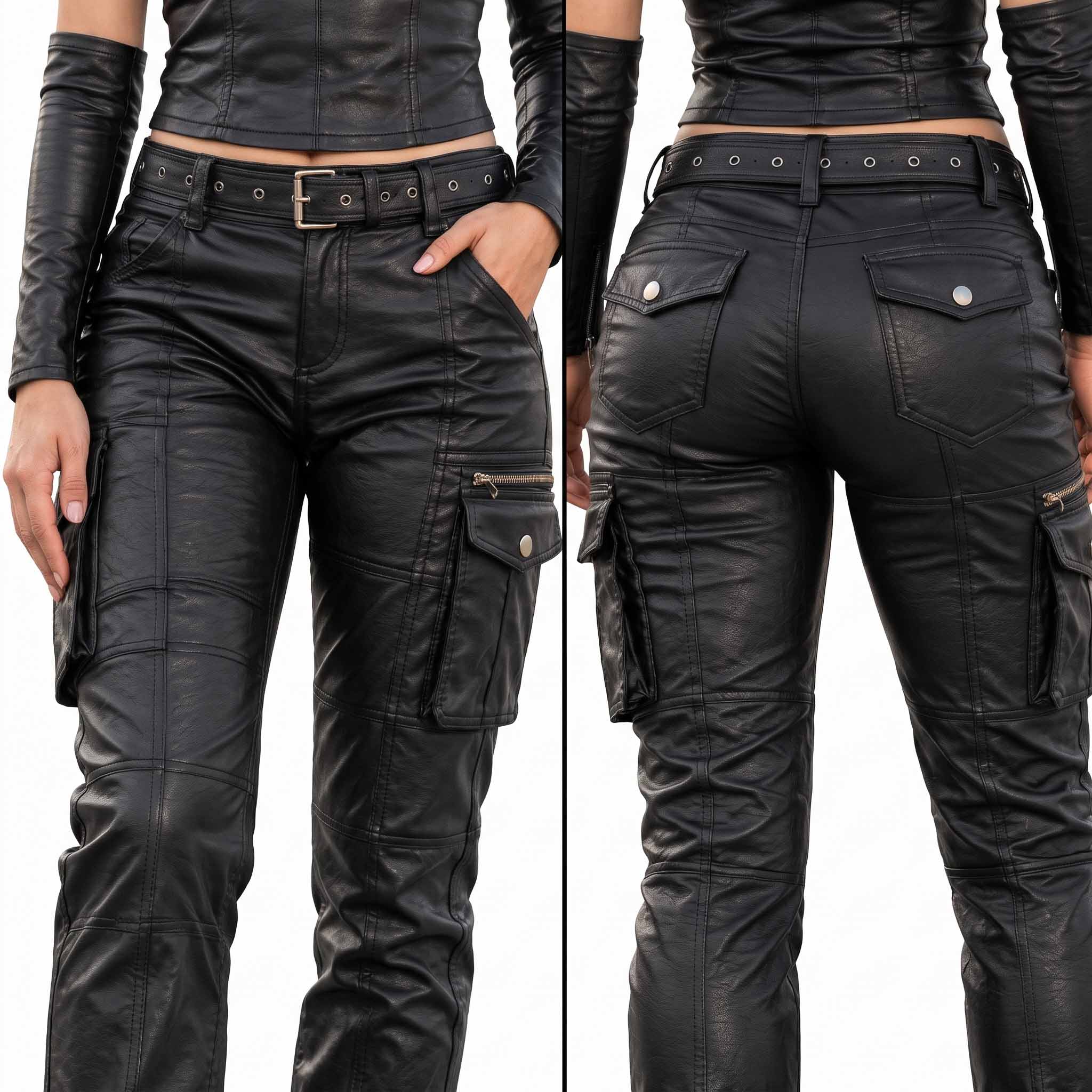 Split close-up detail showcasing the front belted waist, zip cargo compartments, and rear flap pockets on black genuine leather trousers.