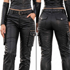 Split close-up detail showcasing the front belted waist, zip cargo compartments, and rear flap pockets on black genuine leather trousers.