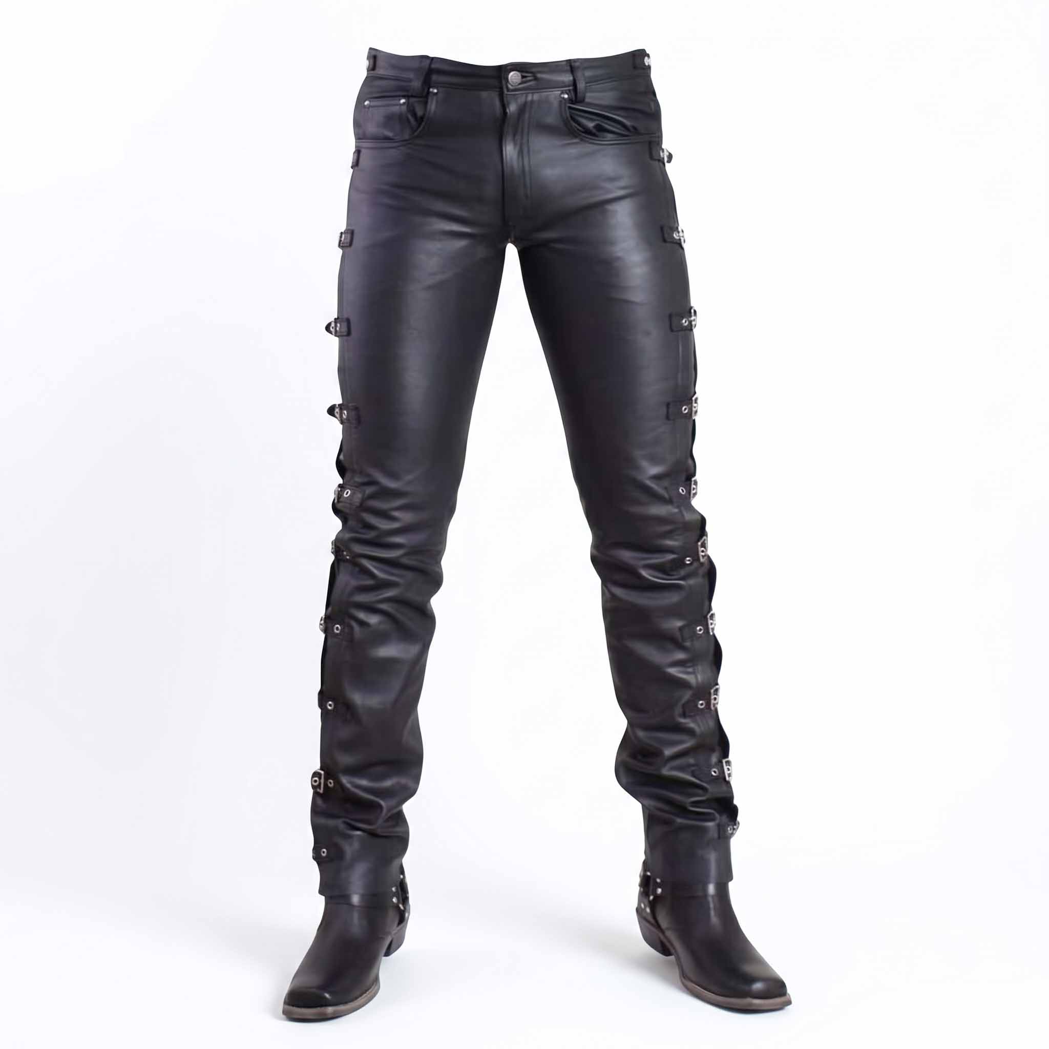Full length front studio shot of handmade black leather gothic punk pants displaying side roller buckles and boot tuck
