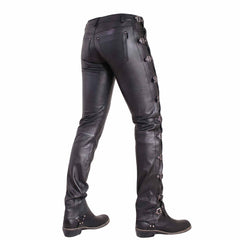 Rear three quarter view of black cowhide leather buckle pants showing full leg length and stacked side buckles down to ankles