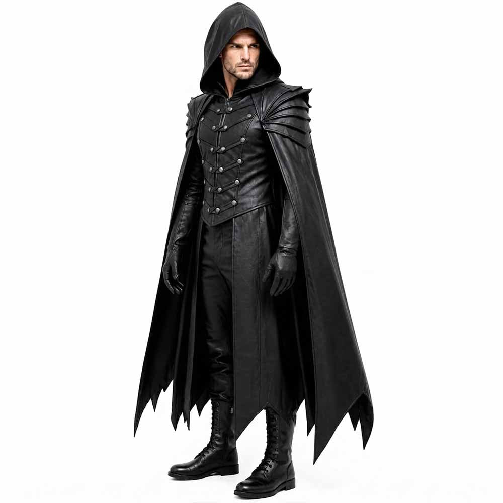 Angled full-body view of a model wearing a black leather hooded cloak with double-breasted silver studs and a jagged hemline.