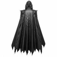 Rear view displaying the layered back paneling, deep hood, and scalloped bat-wing edges of the black leather cape.