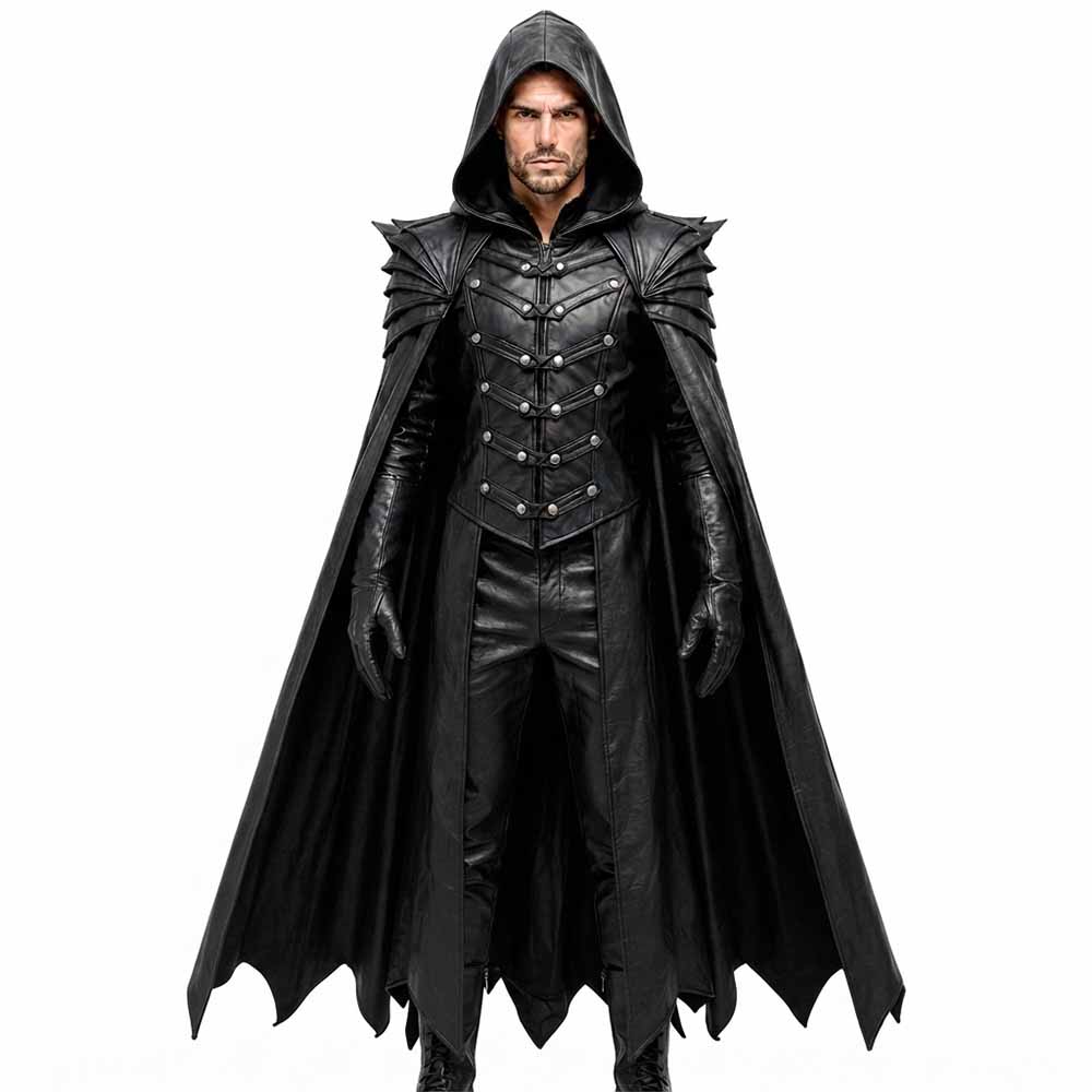 Front-facing view showing the hooded leather warrior cloak with YKK zipper closure and layered shoulder armor.