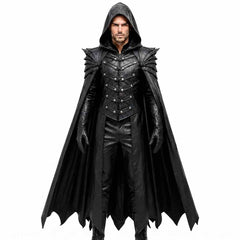 Front-facing view showing the hooded leather warrior cloak with YKK zipper closure and layered shoulder armor.