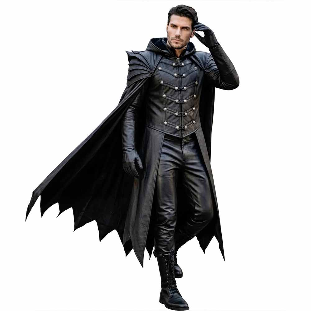 Three-quarter motion view of a model striding forward with the hood lowered, highlighting the flowing scalloped leather cape.