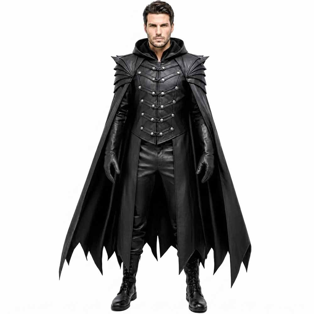 Straight-on front view with hood resting around the collar, detailing the double-breasted studded chest straps and pauldrons.