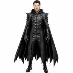 Straight-on front view with hood resting around the collar, detailing the double-breasted studded chest straps and pauldrons.