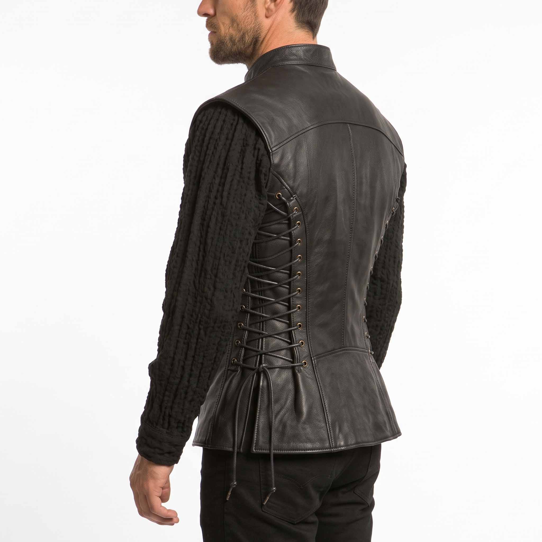 Rear three-quarter perspective highlighting the tailored back panels and adjustable cord lacing of the medieval leather warrior jerkin.