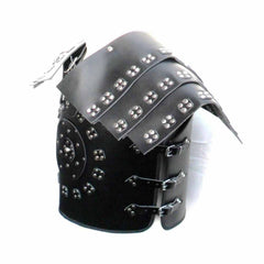 Side profile of black leather LARP cuirass displaying adjustable buckle side straps and chrome shoulder hardware.