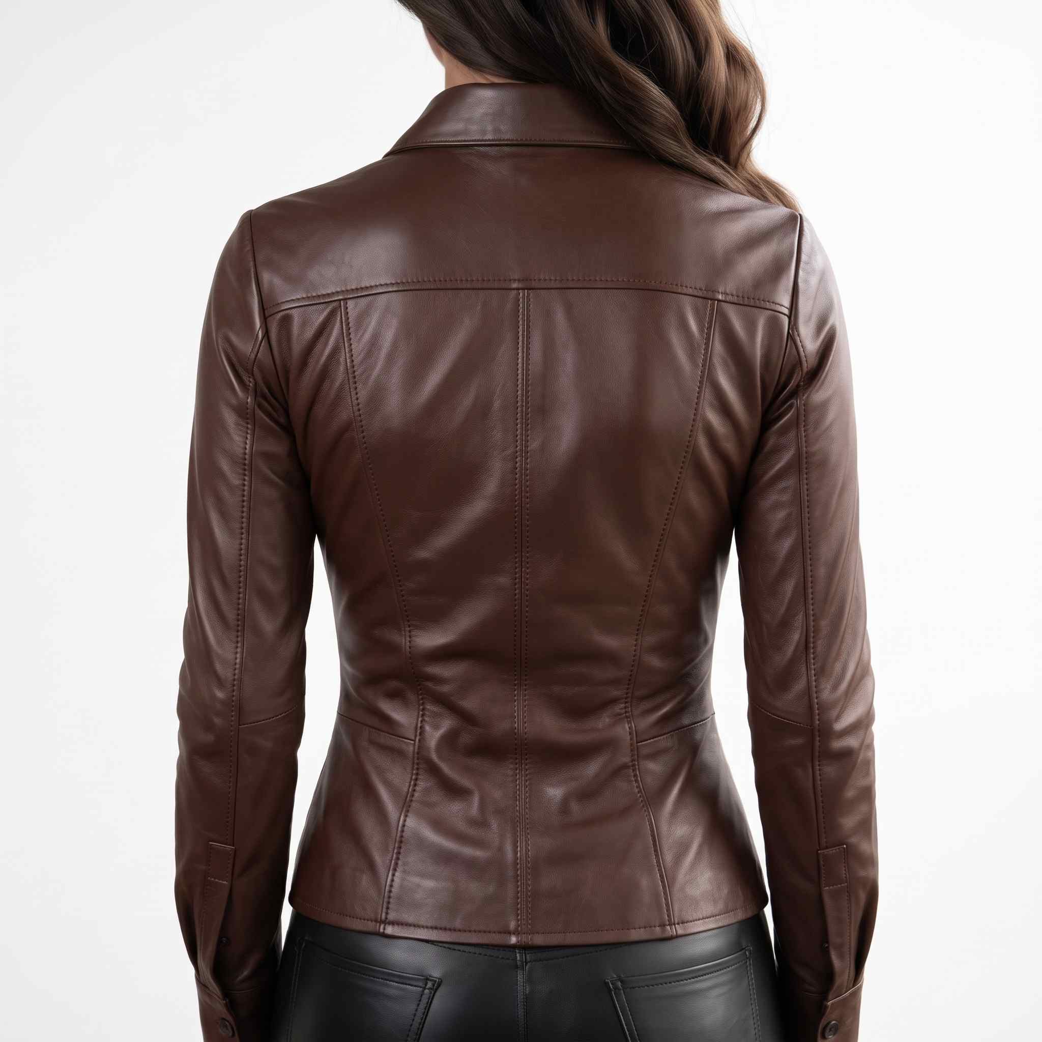 Back close up view displaying the structured shoulder yoke and contoured panel seams on a women's brown fitted leather blouse.