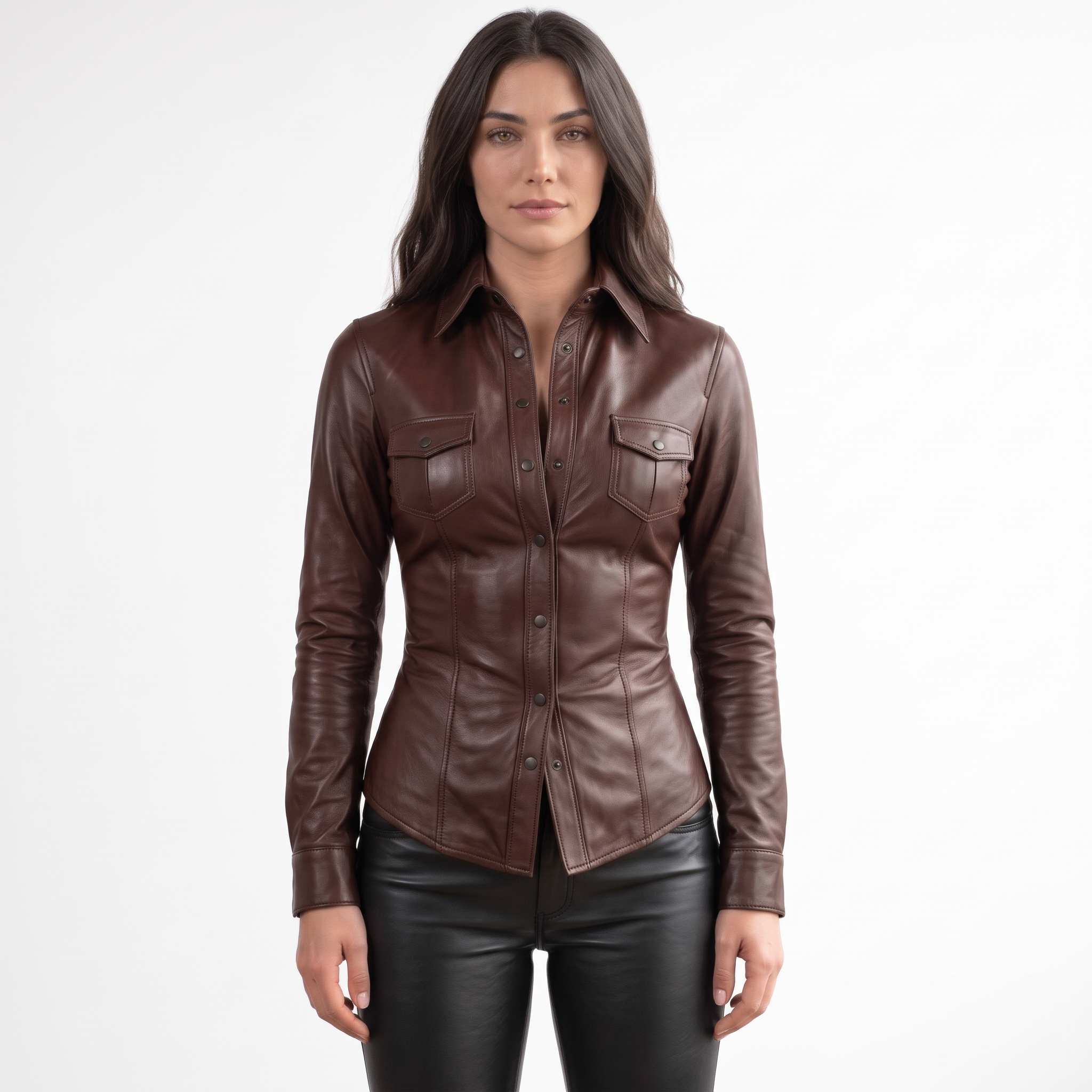 Full front view of a brunette model posing in a fitted dark brown lambskin leather button down shirt paired with black pants.