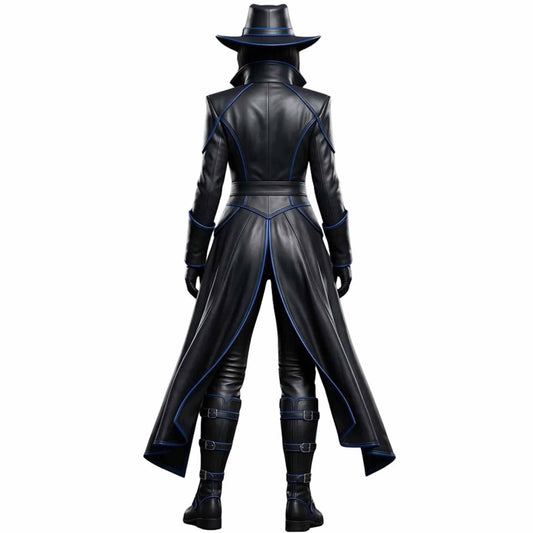 Rear full length view of womens black leather sci fi duster coat showing tailored back waistline split tails and armored boots