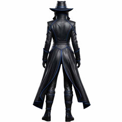 Rear full length view of womens black leather sci fi duster coat showing tailored back waistline split tails and armored boots