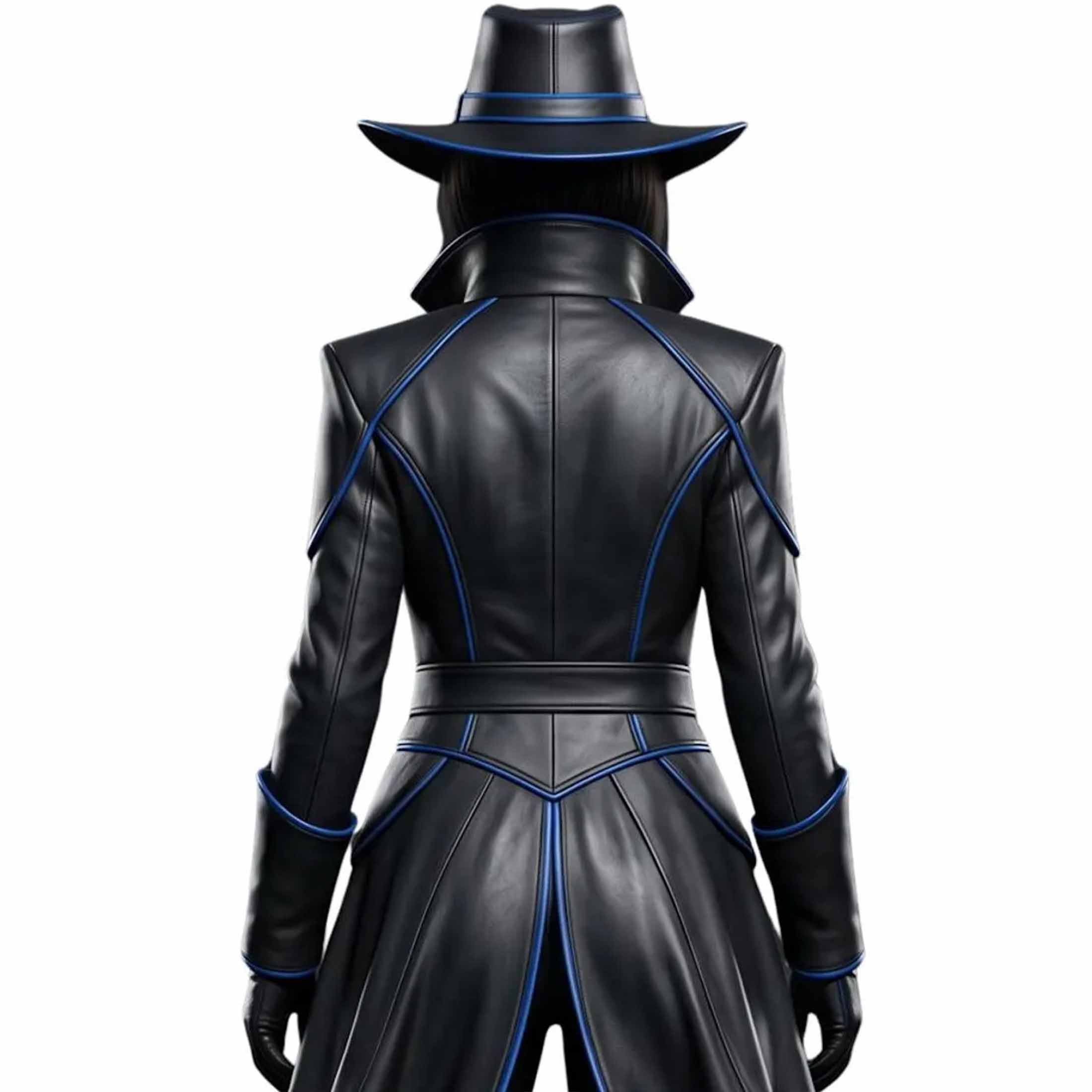 Rear close up view of womens black leather cyberpunk trench coat highlighting geometric blue piping lines and structured shoulders