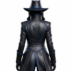 Rear close up view of womens black leather cyberpunk trench coat highlighting geometric blue piping lines and structured shoulders