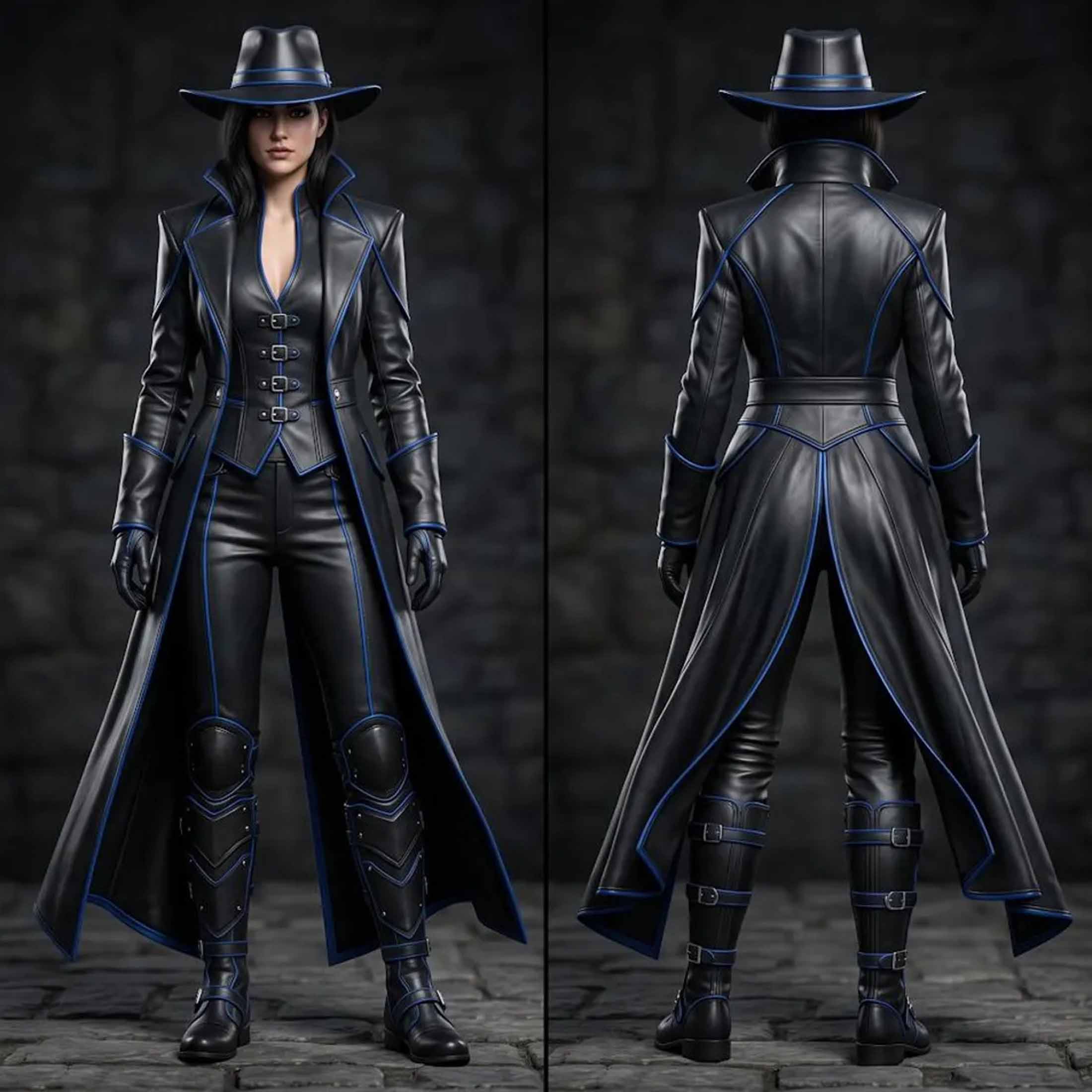 Front and back comparison view of womens black and electric blue cyberpunk leather western warrior costume on stone background