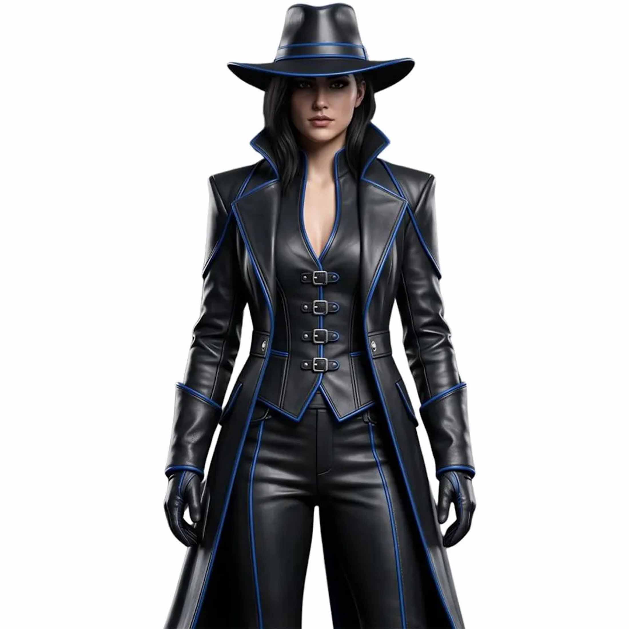 Front close up shot of female cyberpunk leather coat and corset vest featuring electric blue edge trim and front buckle clasps