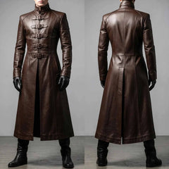 Handmade Men's Dark Fantasy Leather Trench Coat | Gothic Medieval Military Inspired Costume & LARP Warrior Cosplay Duster