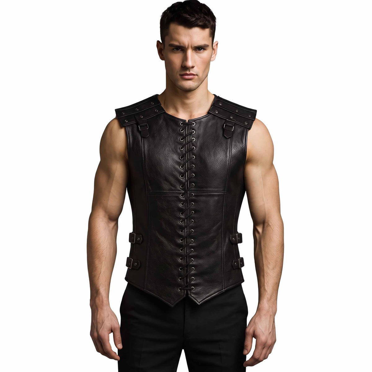 Full front view of athletic muscular man wearing handmade black cowhide leather armor vest with lace up front eyelets and studded shoulder epaulets