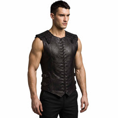 Front three quarter perspective of man modeling black leather steampunk jerkin showing side roller buckle straps and pointed waistcoat hem