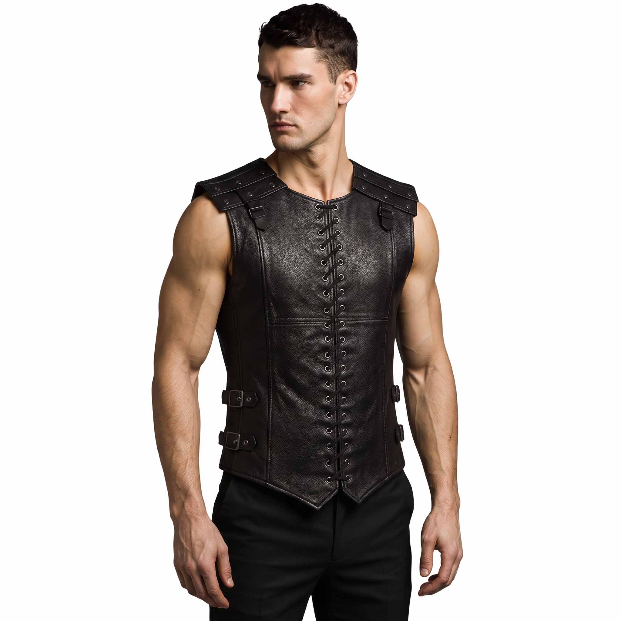 Three quarter studio angle of male model wearing handmade black cowhide armor waistcoat highlighting deep armholes and front corset cord lacing