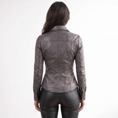 Full back view showing the streamlined fit, seam construction, and cuff detailing on a women's handcrafted gray leather overshirt.