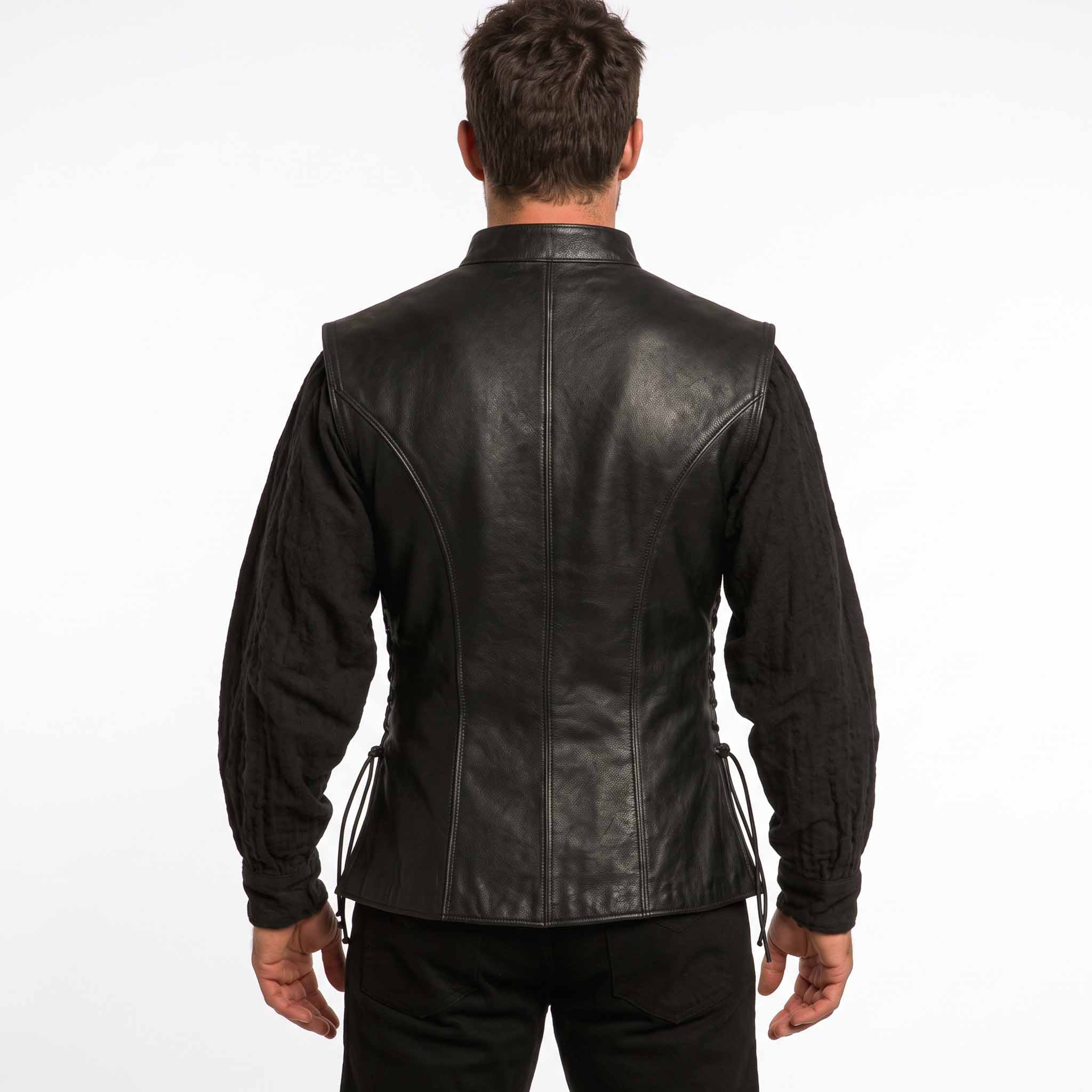 Back view showing the contoured tailored seams and side cord lacing of the black genuine leather Viking jerkin vest.