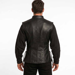 Back view showing the contoured tailored seams and side cord lacing of the black genuine leather Viking jerkin vest.