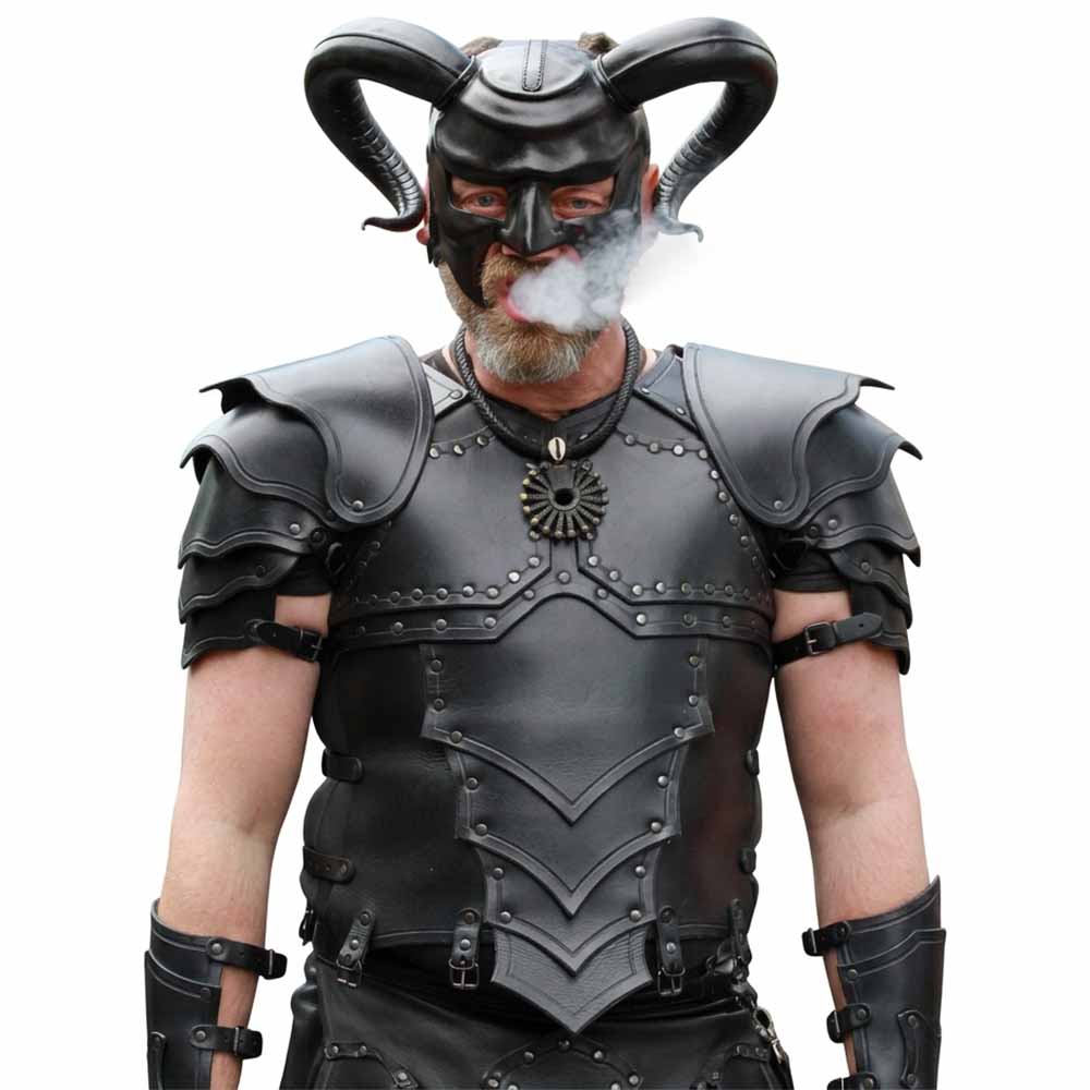 Man wearing the black leather body armor cuirass with studded chest paneling and layered shoulder pauldrons.