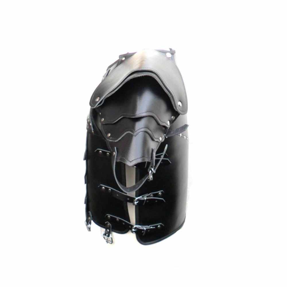 Side view of black leather chest cuirass showing side buckle straps and tiered shoulder guards.