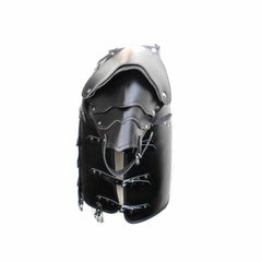 Side view of black leather chest cuirass showing side buckle straps and tiered shoulder guards.