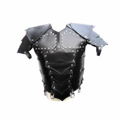 Front view of black leather LARP cuirass highlighting chrome stud detailing and rolled leather edges.