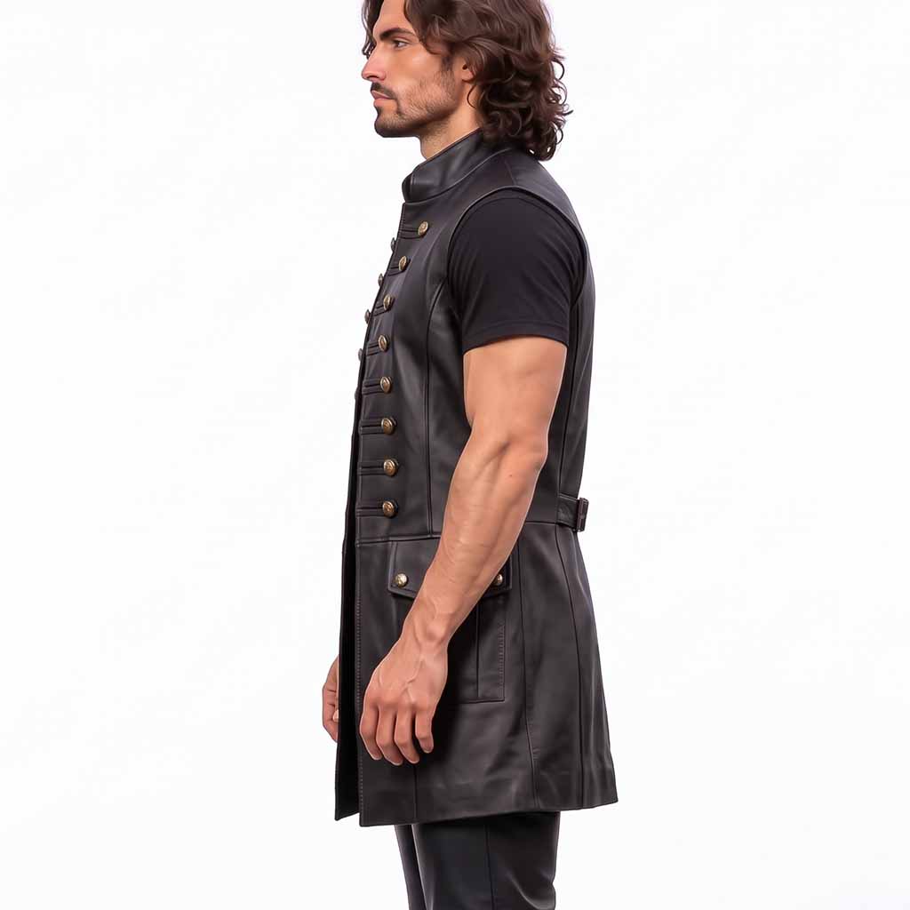 Side profile torso shot of man modeling black genuine leather long vest showing waist cinch buckle and hip pocket