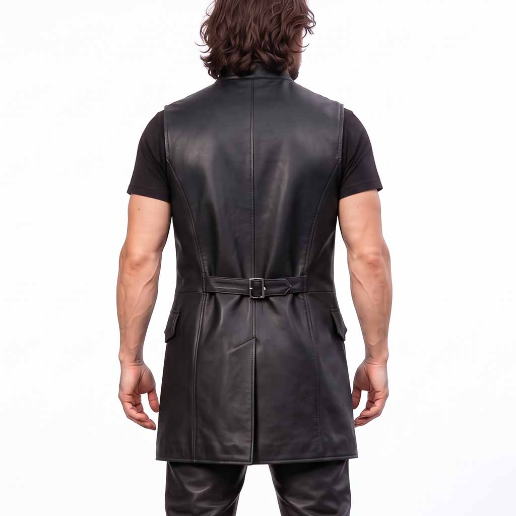 Rear upper torso view of man wearing black leather medieval vest showing back waist strap and clean vertical seams