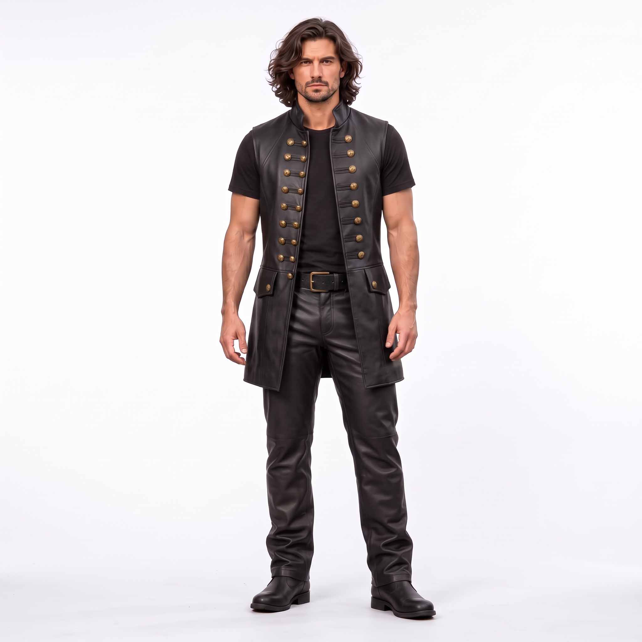 Front three quarter perspective of male model wearing dark black leather steampunk long waistcoat paired with matching leather trousers