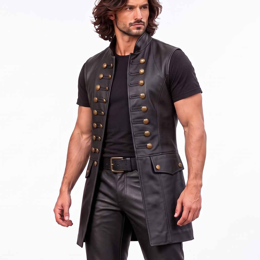Close up front perspective of man in black leather medieval vest showing chest button detail and standing collar
