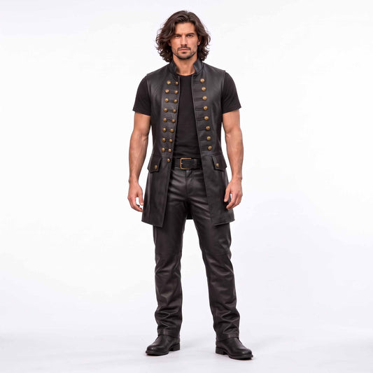 Front three quarter perspective of male model wearing dark black leather steampunk long waistcoat paired with matching leather trousers