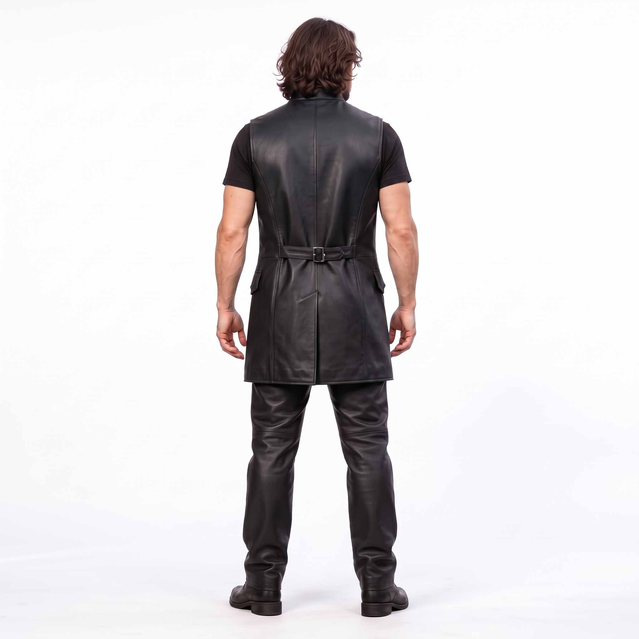 Full length back view of man wearing black genuine leather long vest showing back cinch belt and center split walking vent