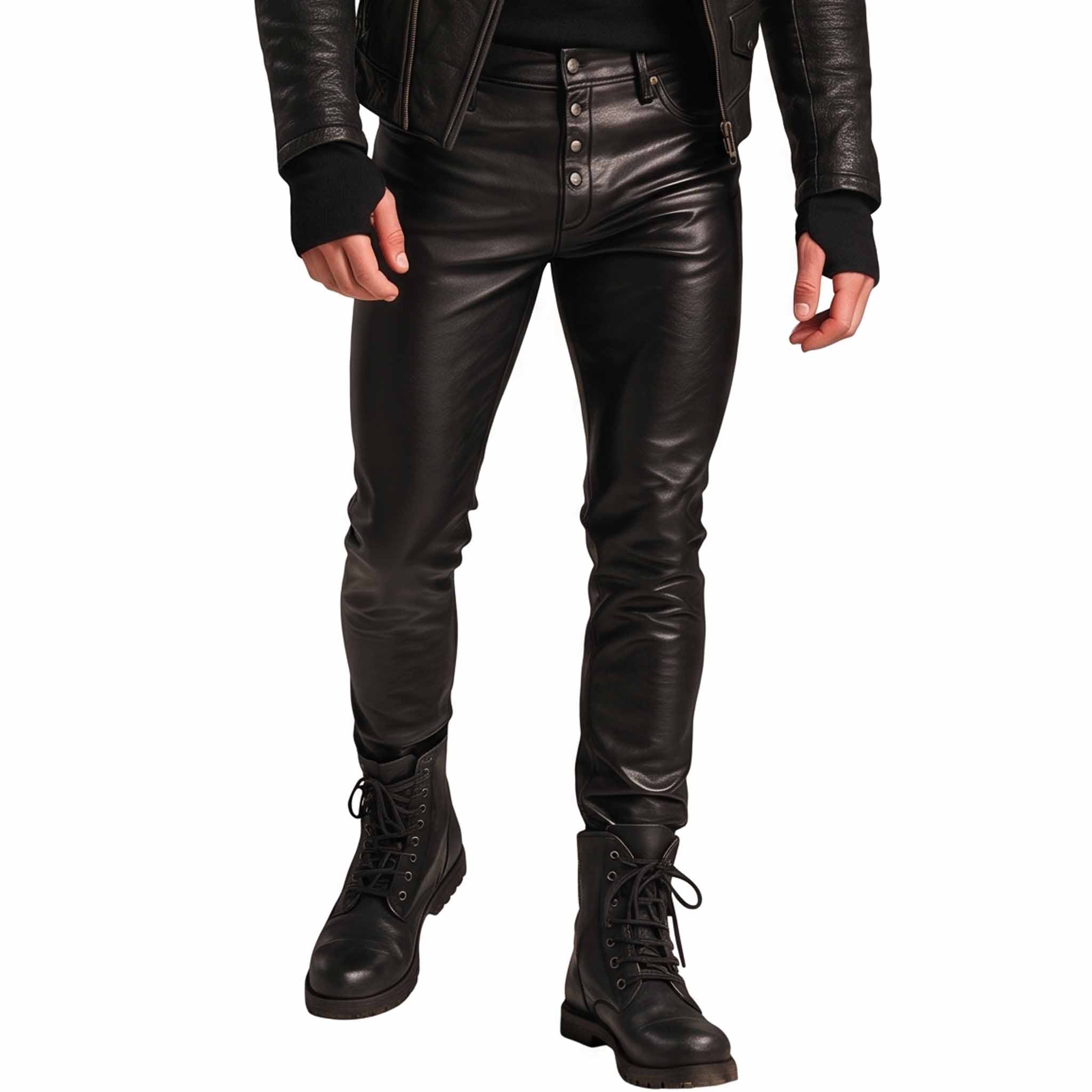 Front close up view of man wearing handmade black real leather jeans with button fly placket and black combat lace up boots