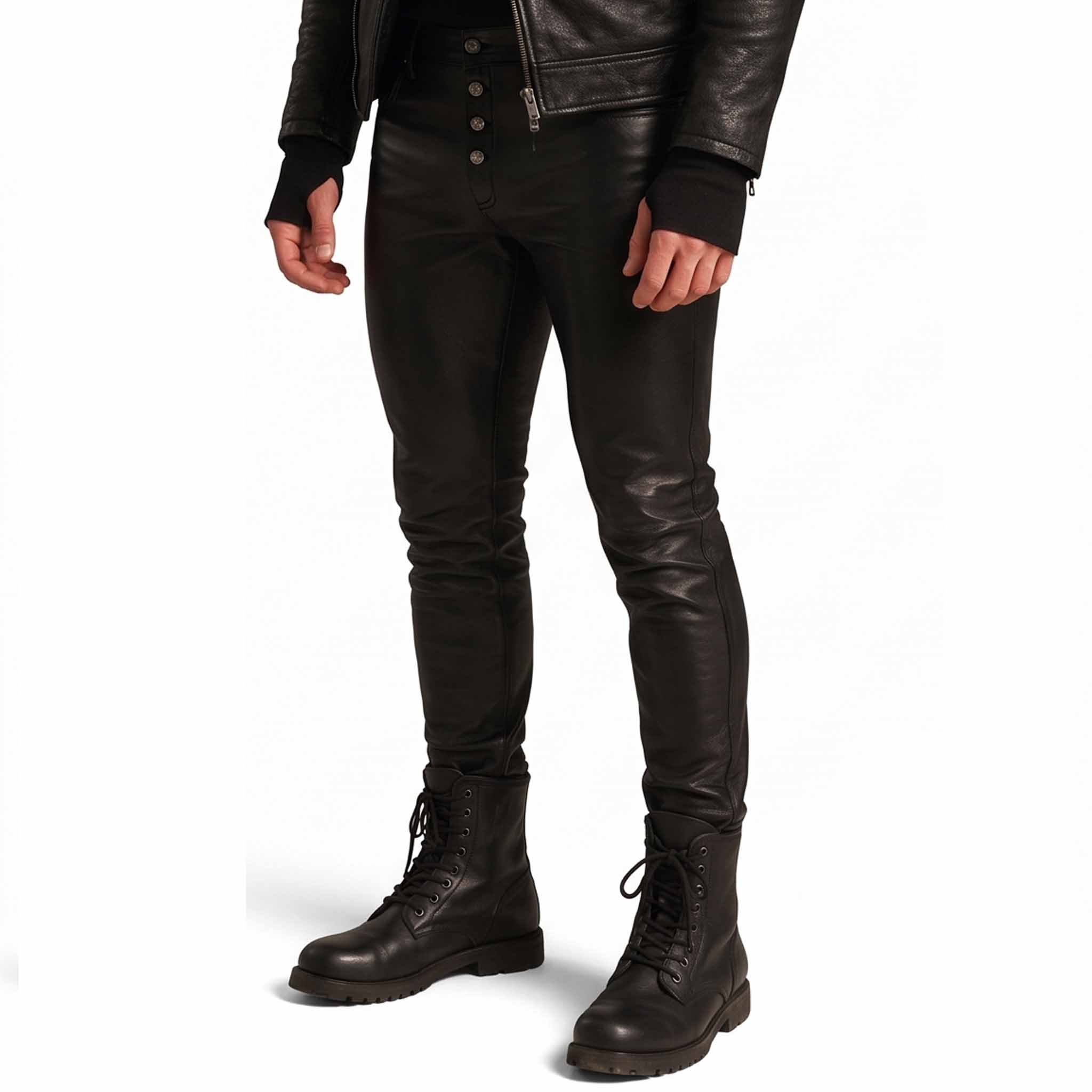Front three quarter perspective of slim fit black leather trousers highlighting metal shank buttons and tapered ankle stacks