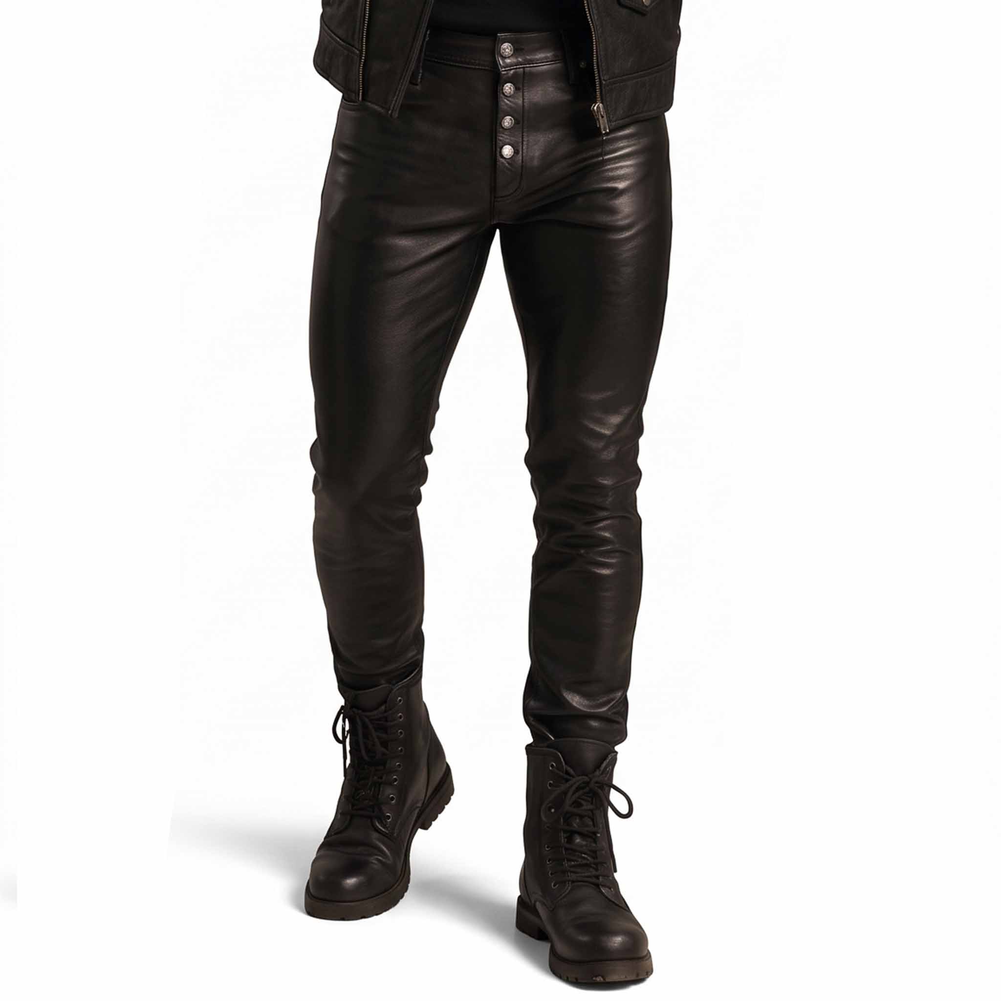 Lower body portrait of man modeling tailored black genuine sheepskin leather jeans tucked above black leather military boots