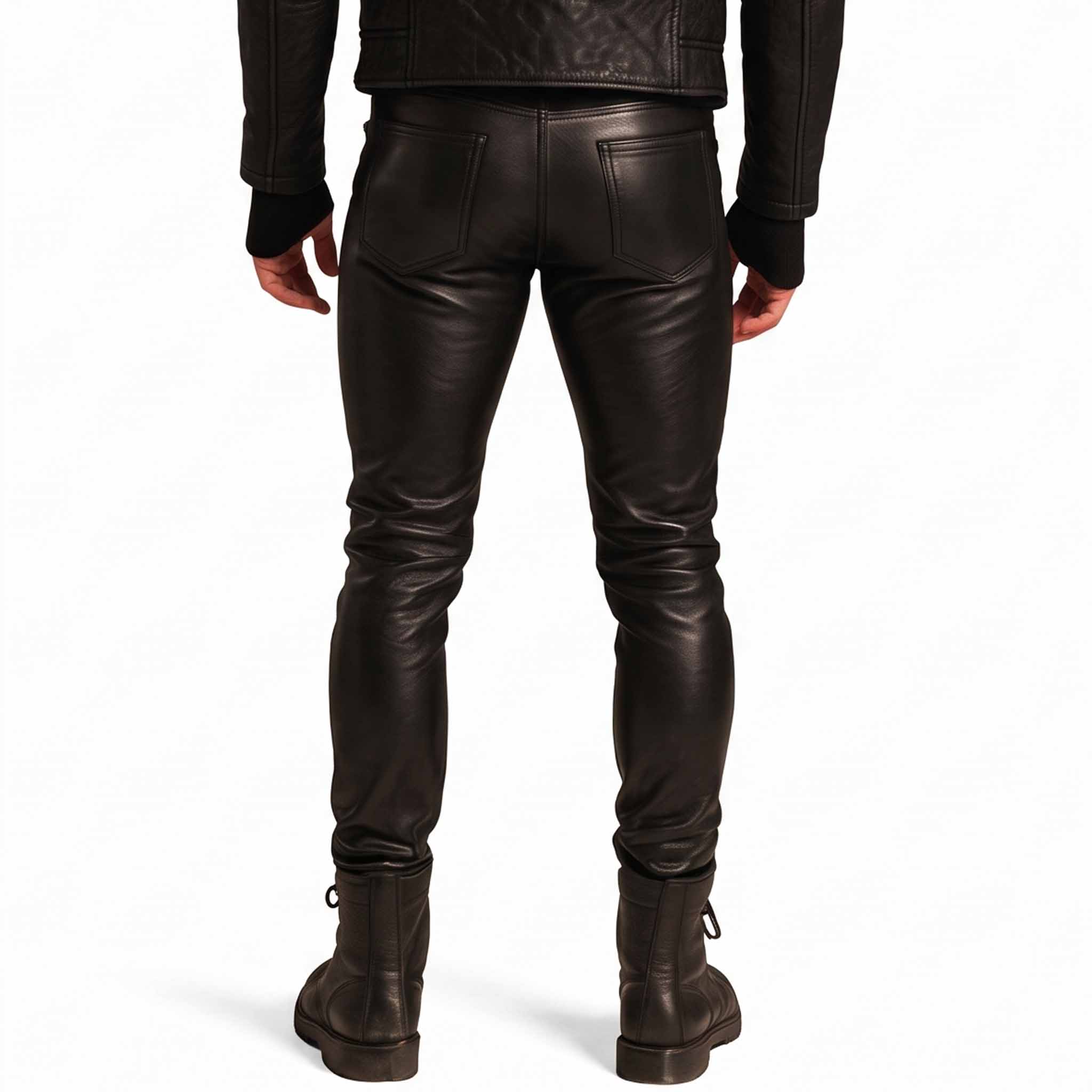 Back view of man wearing black leather biker jeans displaying dual spade back pockets, yoke seam, and form fitting seat
