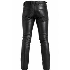 Back studio shot of mens black genuine leather trousers showing rear patch pockets, yoke seam, and full length center back zipper